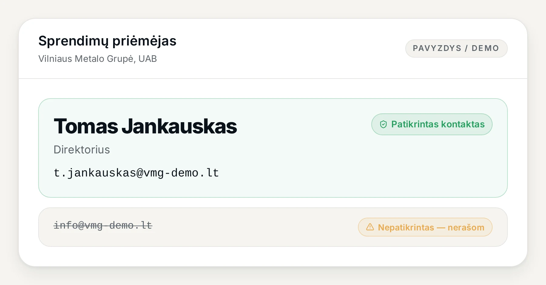 Sprendimų priėmėjas su patikrintu kontaktu