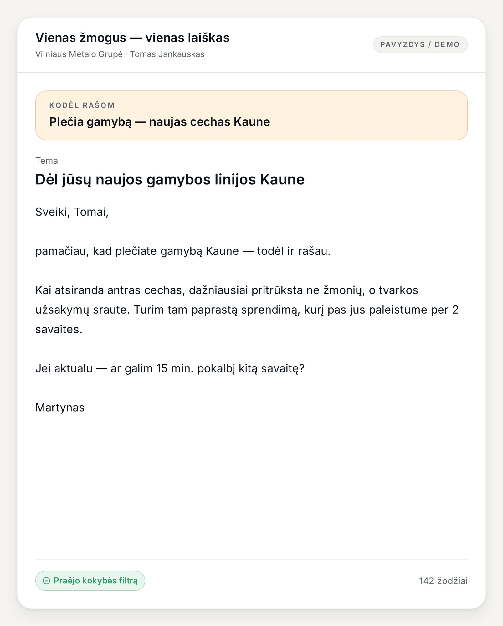 Vienas individualus laiškas produkte